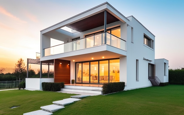 A white house with a balcony and a green lawn