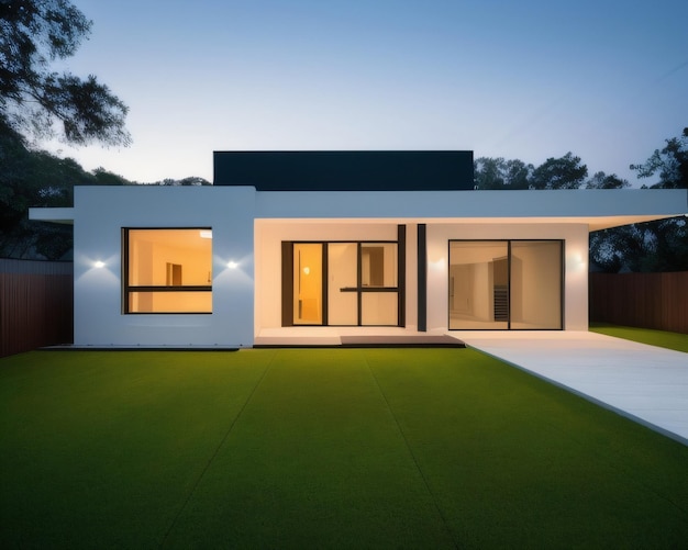 A white house with a black roof and a green lawn