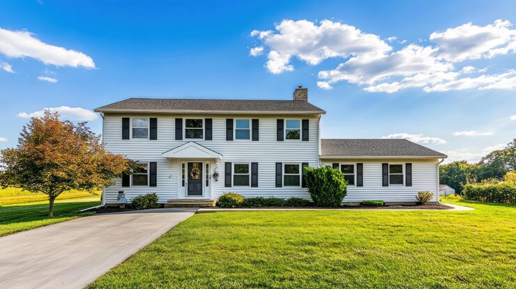 Photo white house with black shutters and green lawn