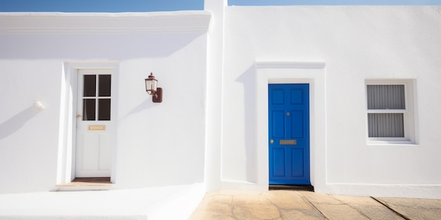 Белый дом с синей дверью и белый дом с синей дверью.