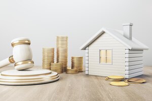 Белый дом со стопками золотых монет и молотком на бетонном и деревянном фоне концепция развода и раздела имущества 3d рендеринг