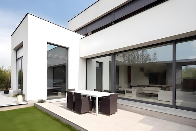 A white house with a large glass door