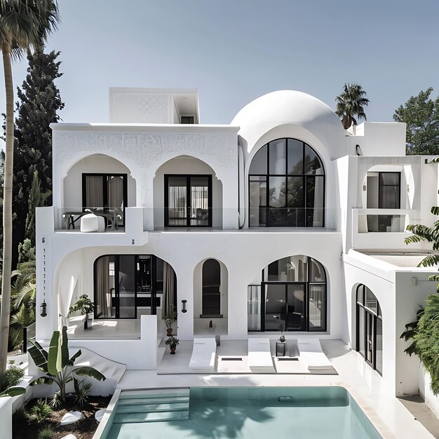 Foto una casa bianca con una piscina e palme sullo sfondo