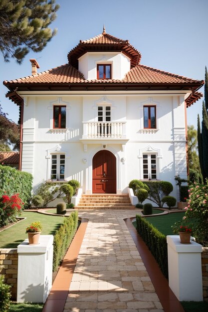 a white house with a red door and a balcony