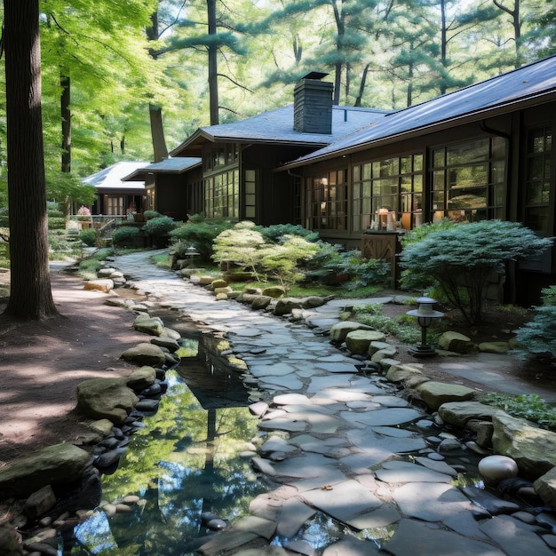 White house with a stone path leading through the forest showcasing architectural beauty