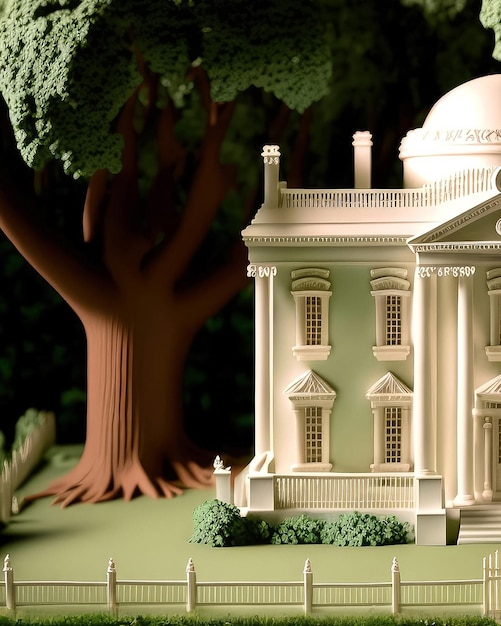 A white house with a tree in the background