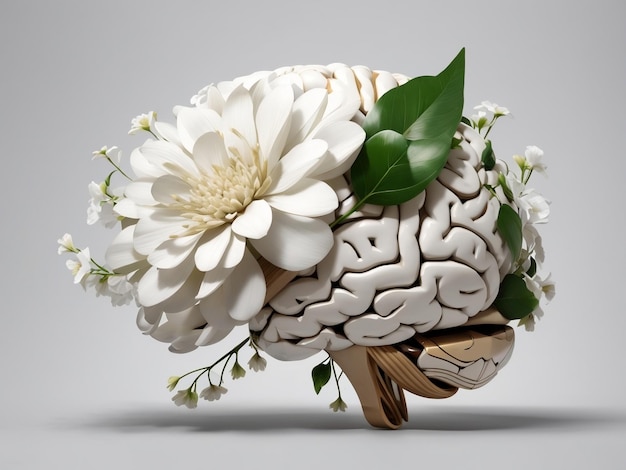 The white human brain with flowers and leaves mental health concept