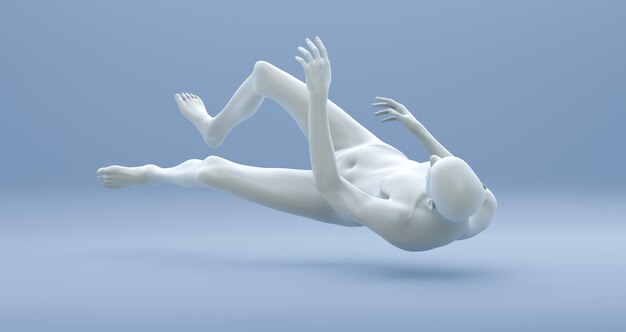 White Human Falls to the Floor With his Hand Raised Against a Soft Blue Studio Background Back View