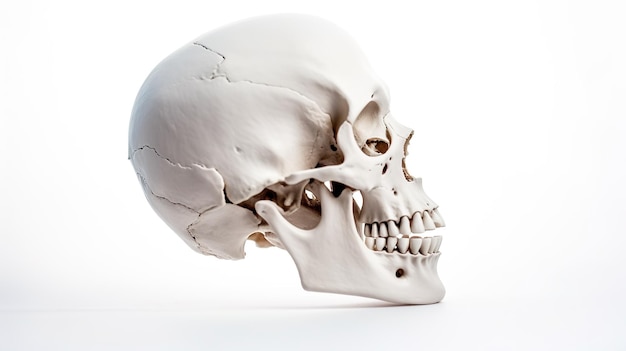 Photo a white human skull on a white surface generative ai image