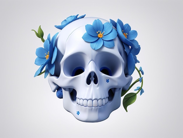 White Human skull with blue flowers around skull designed like a sticker