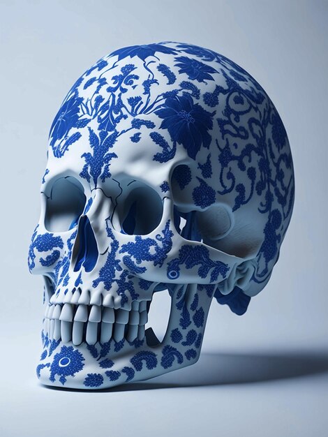 Foto teschio umano bianco con colore delft intorno al cranio