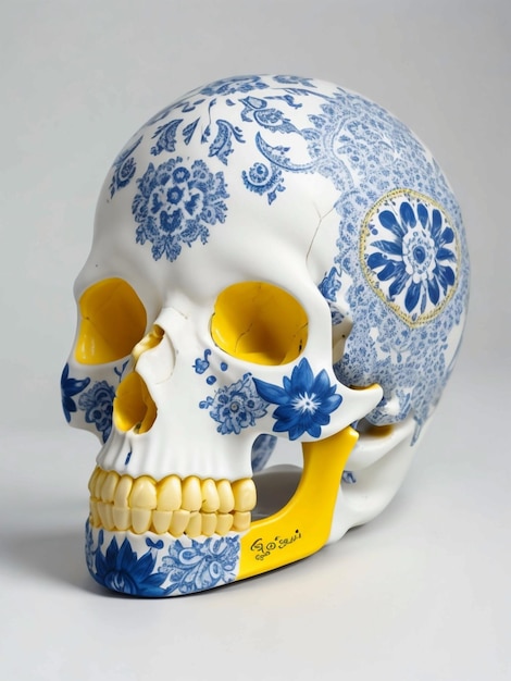 White Human skull with color Delft around skull