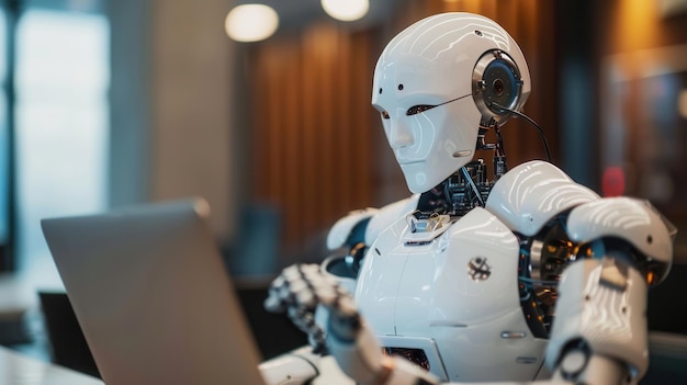 A white humanoid robot is using a laptop computer sitting at a desk in a modern office space Generative AI