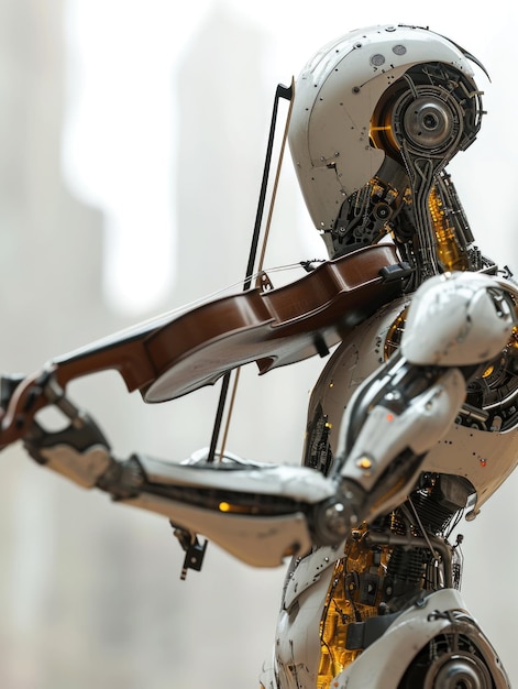 Белый гуманоидный робот играет на скрипке Технология и искусство