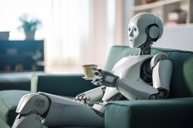 Photo white humanoid robot resting and having tea on the couch