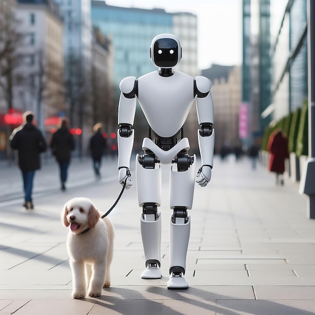 Foto robot umanoide bianco che porta un cane per strada in una grande città in una giornata di sole