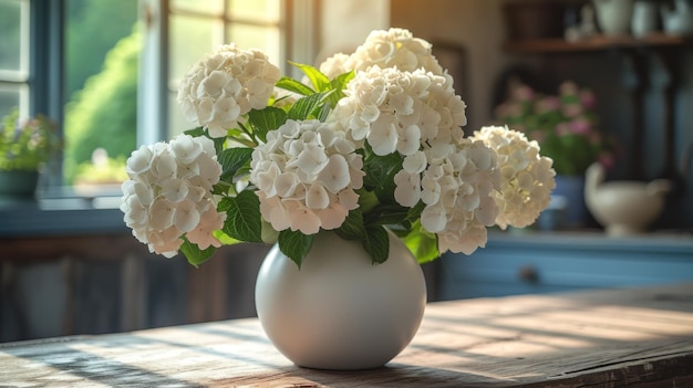 Photo white hydrangeas in a vase on a wooden table