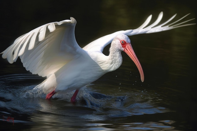 A white ibis with a red beak is in the water.