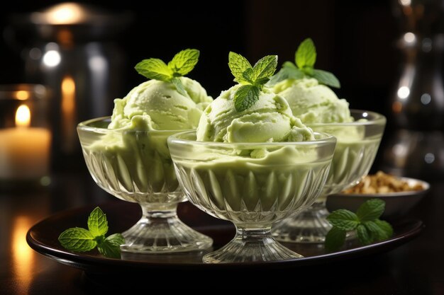 White ice cream in glass container Pistachio ice cream with a mint leaf A serving of ice cream in a crystal goblet The restaurant serves ice cream