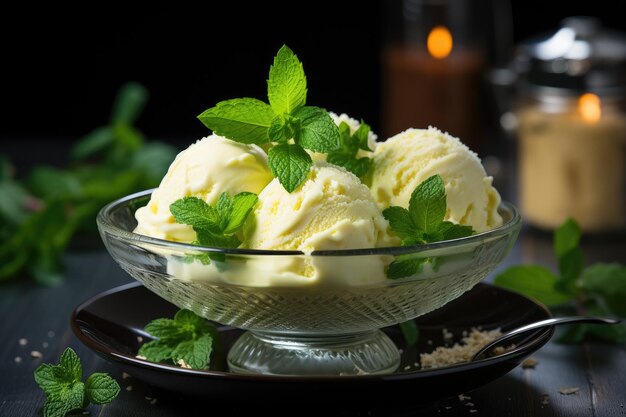 Белое мороженое в стеклянной емкости Писташковое мороженое с ментовым листом Порция мороженого в хрустальном кубке Ресторан подает мороженое