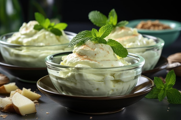 Photo white ice cream in glass container pistachio ice cream with a mint leaf a serving of ice cream in a crystal goblet the restaurant serves ice cream