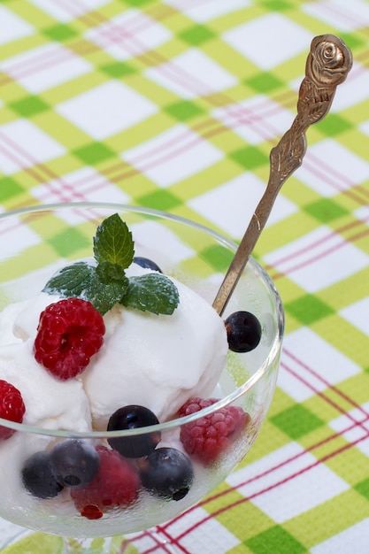 white ice cream in glass with frozen raspberries and currant berries with mint leaves
