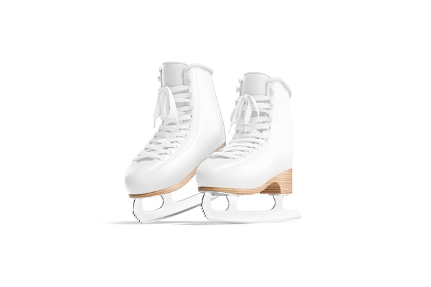 화이트 아이스 스케이트 모형. 아이스 스케이팅을 위한 낚시를 좋아하는 부츠. 춤을 추는 칼날이 달린 가죽 신발.