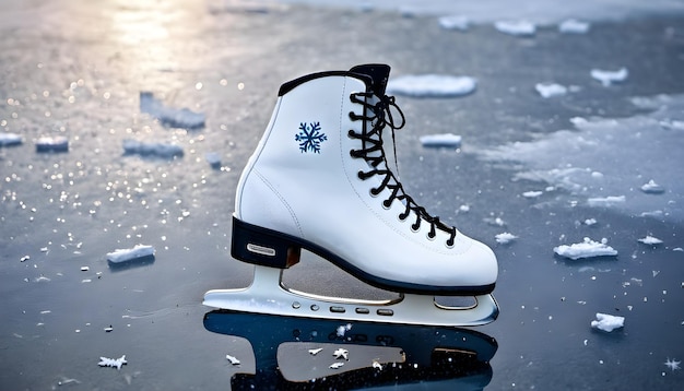 写真 冬の氷の上に白いアイススケート クローズアップ