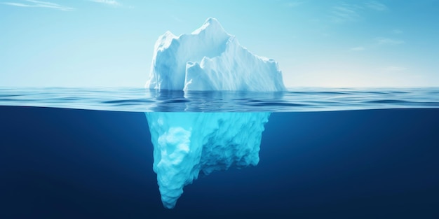 White Iceberg floating in clear blue sea under and above water view Global Warming Generative AI