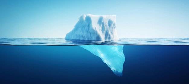 透明な青い海に浮かぶ白い氷山 水面下と水面上の景色 グローバルウォーミング ジェネレーティブAI