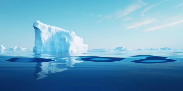 색 빙산이 은 푸른 바다에서 떠다니며 물 아래와 물 위에서 볼 수 있습니다.