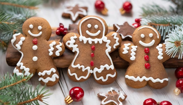 White icing between delicious gingerbread man cookies for new year's