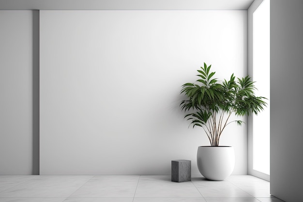 White indoor space with a planter and an empty wall Gallery idea a mockup