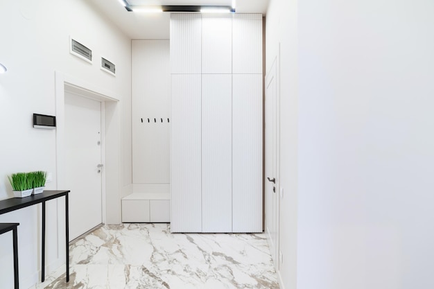 White interior corridor in a house with white doors and\
closet