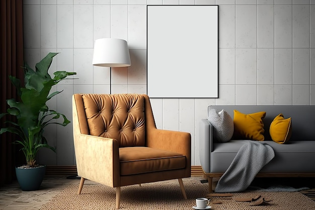 White Interior of stylish living room with beige armchairempty Mock up poster AI generative