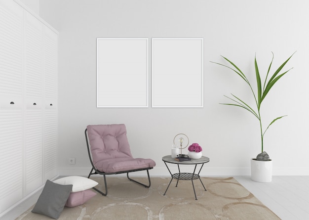 White interior with double blank photo frame or artwork frame, interior mockup