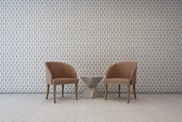 White interior with wall decoration pattern and armchairs.