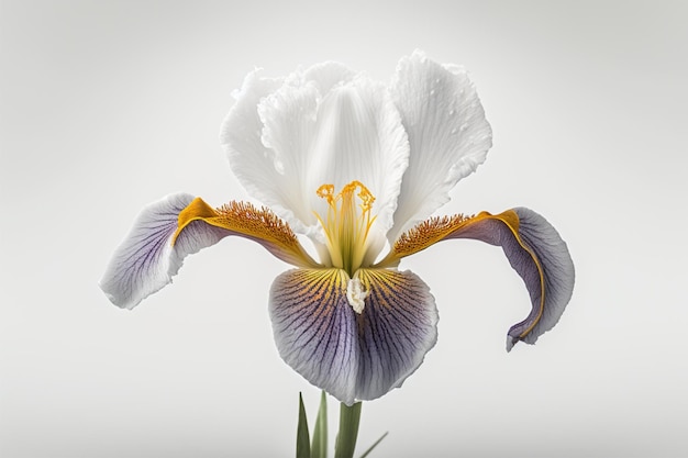 A white iris with a yellow center and a white background