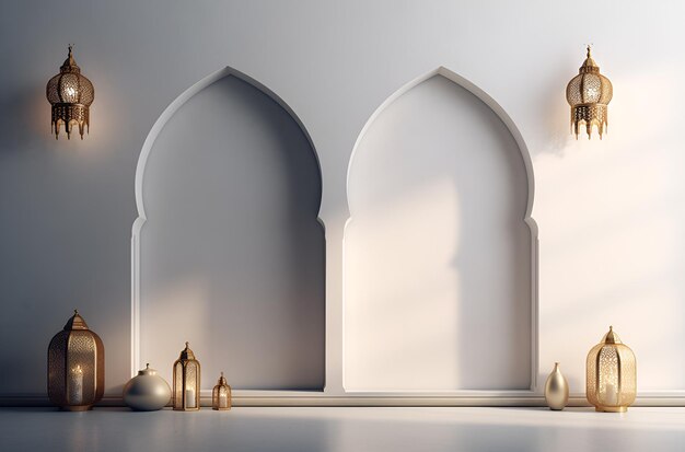 white islamic architecture on a white background with arabian lanterns Ai generative