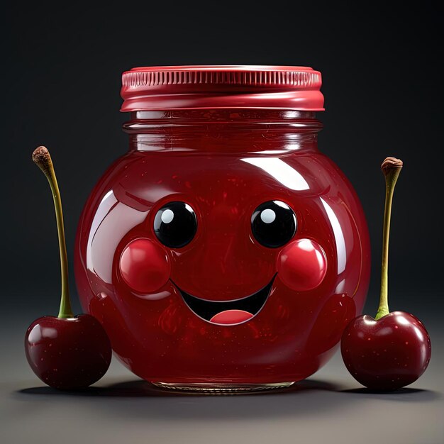 a white jar of cherry jam with 3d eyes and a on it