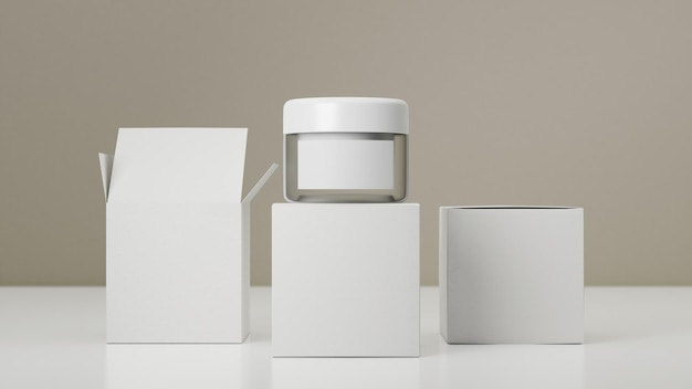 White jar of cream on a podium with boxes on white background cream container mockup 3d render