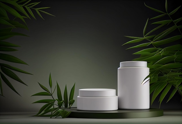 열대 잎이 있는 녹색 배경에 있는 스탠드에 있는 흰색 크림 병 제품의 세련된 모습 AI 생성