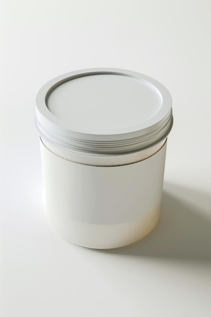 A white jar with a lid sits on a white background
