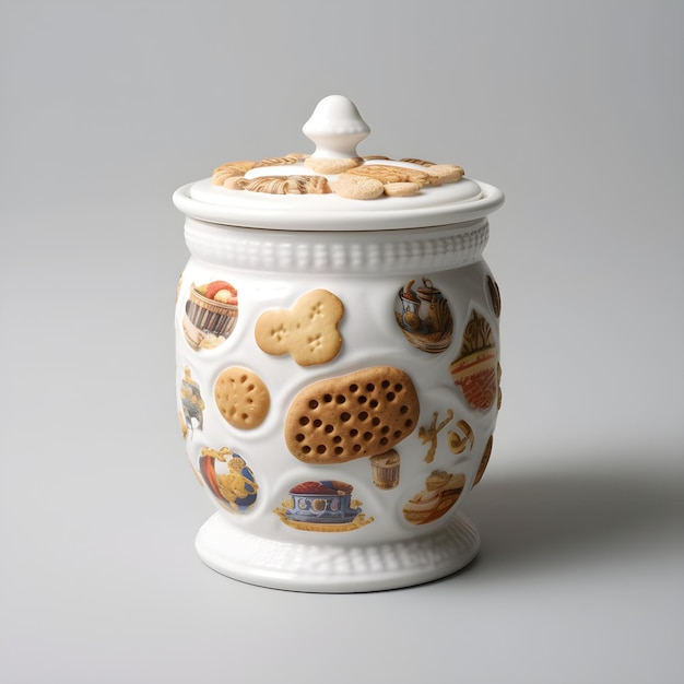 A white jar with a lid that says'cookies'on it