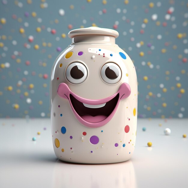 A white jar with a smiling face and a pink mouth.