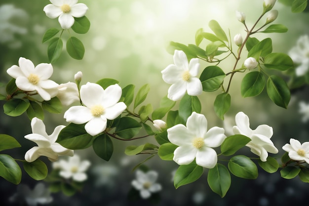 White jasmine flowers with green leaves on the blurred nature background