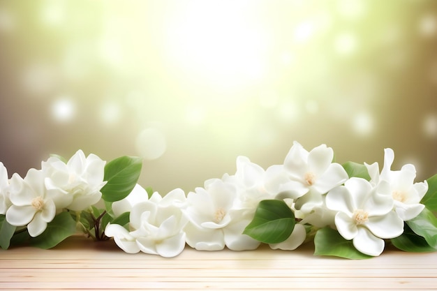 White jasmine flowers on wooden table with bokeh background