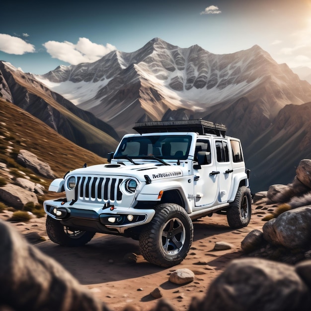 Белый джип с черным бампером, на котором написано Jeep Wrangler.