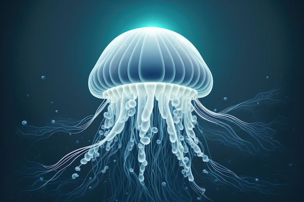 White jellyfish moving in the deep oceans azure water