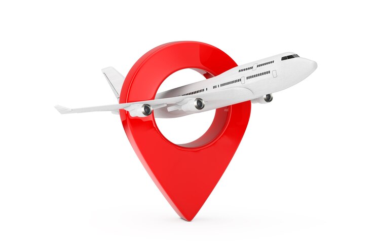 Photo white jet passenger's airplane with target pin map pointer on a white background. 3d rendering